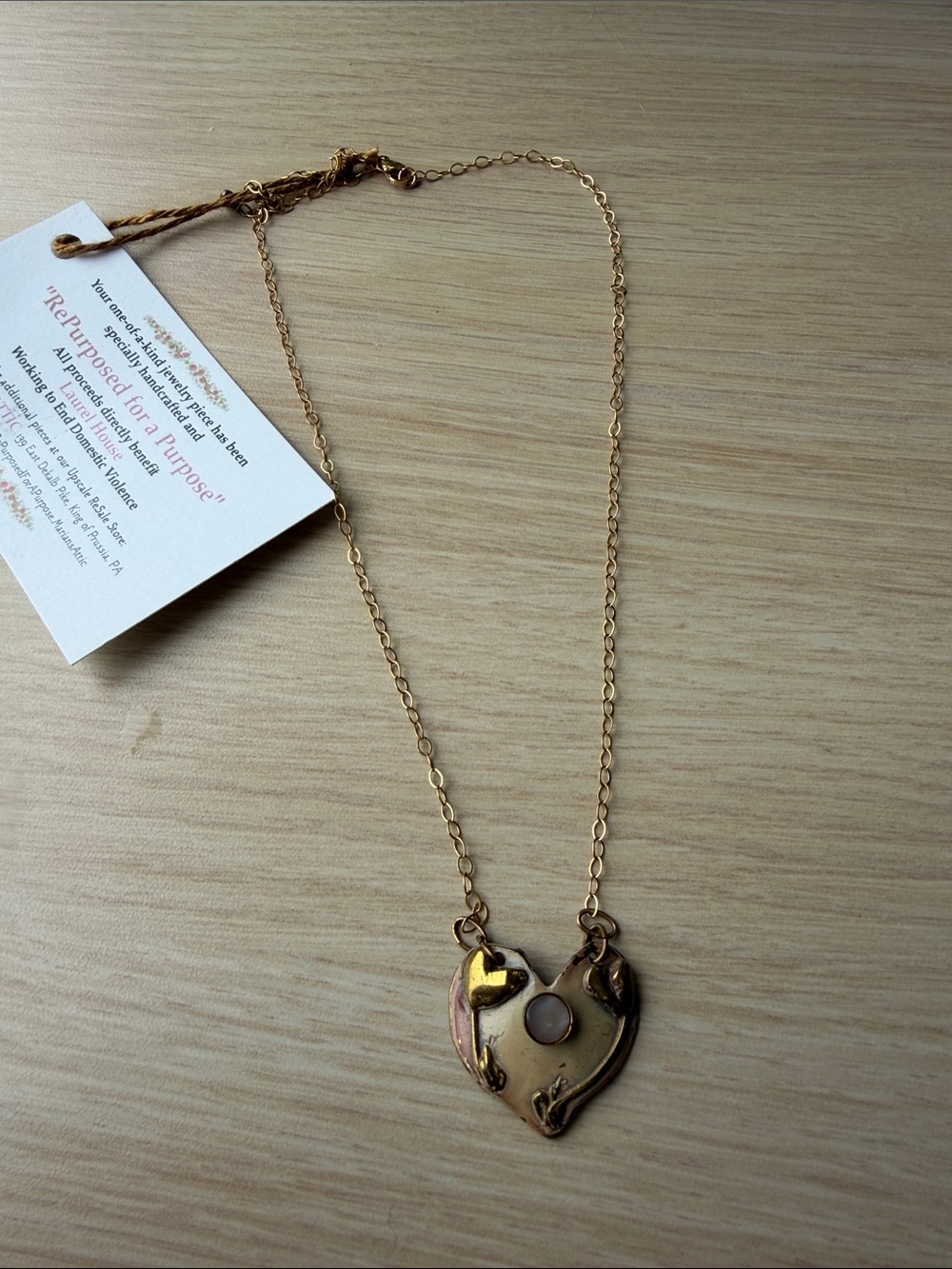Handcrafted Gold-Tone Heart Pendant Necklace -14k, 925, Stamped Metals Artisan - Picture 6 of 6